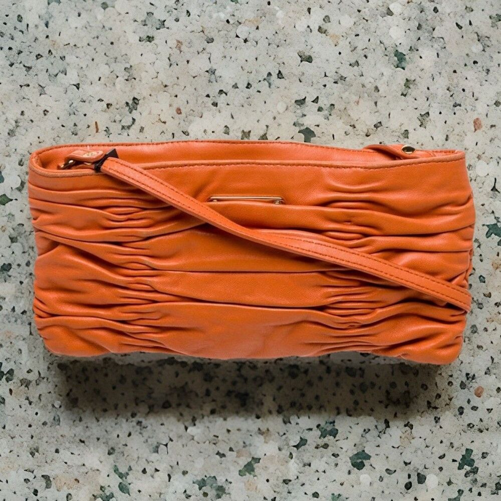 Michael Kors Orange Ruched Leather Shoulder Clutch/Pochet W/Shoulder Strap GUC